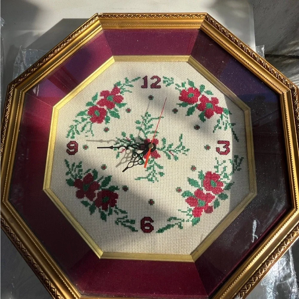 Clock Handmade Vintage Framed Floral embroidery Clock